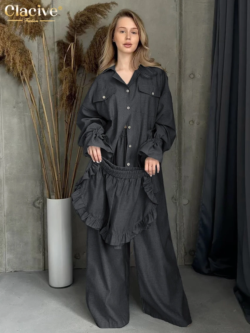 Clacive Fashion Loose Black Cotton Trousers Sets For Women 2 Pieces Elegant Long Sleeve Shirt With High Waist Wide Patns Set