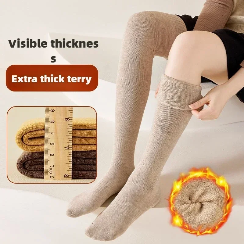 Winter Warm Thick Terry High Tube Socks Over Knee Anti-slip Stockings Women Knee-Length Hosiery Socks Terry Solid Stockings