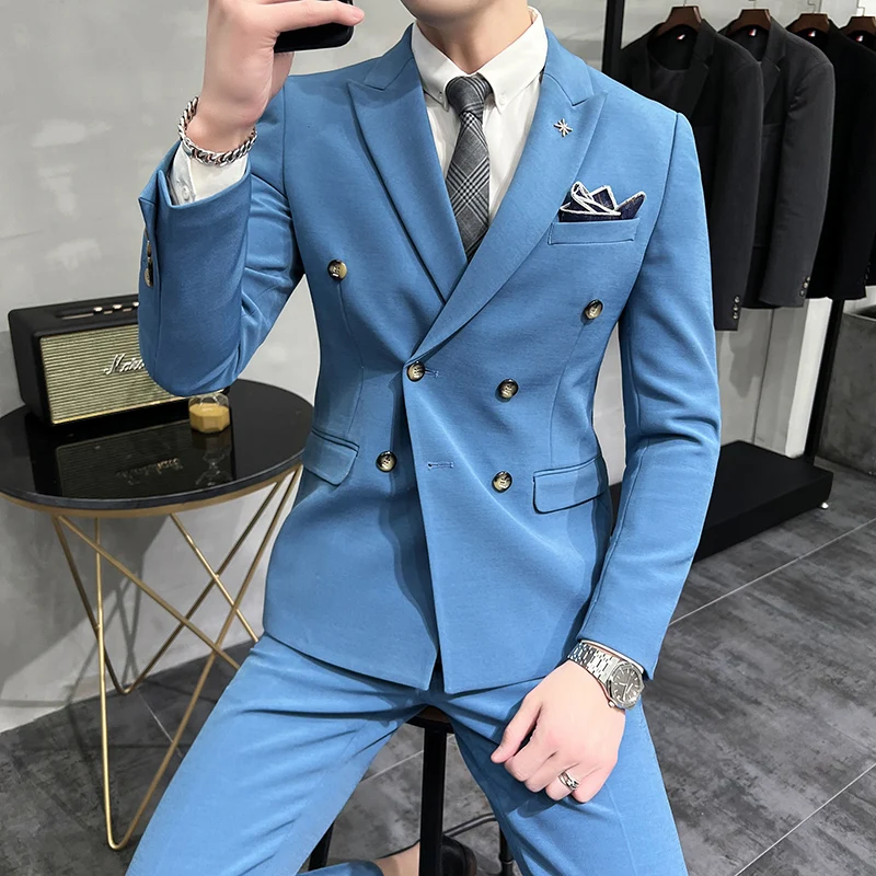 (Jackets+Vest+Pants) Men Spring High Quality Business Suits Male Slim Solid Color Double Breasted Groom\'s Wedding Dress Blazes