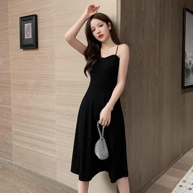 Saia suspensa preta, vestido curto francês para mulheres, camada interna de alta qualidade, base pequena, saia preta de comprimento médio