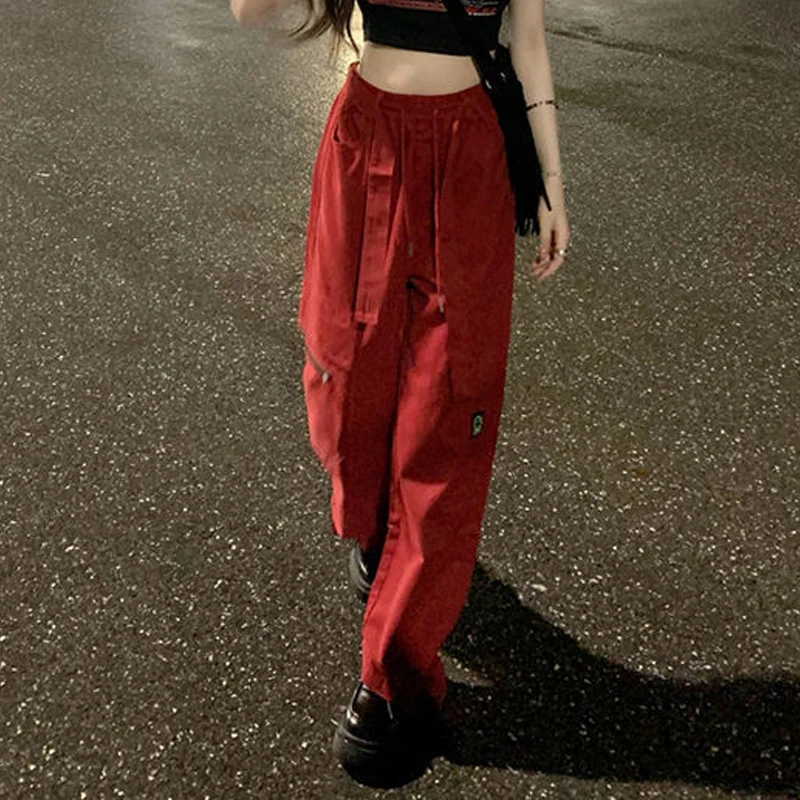 High-waisted Cargo Pants Vintage Red Pants for Women Loose Casual Trousers Y2k Streetwear Straight Wide Leg Baggy Sweatpants