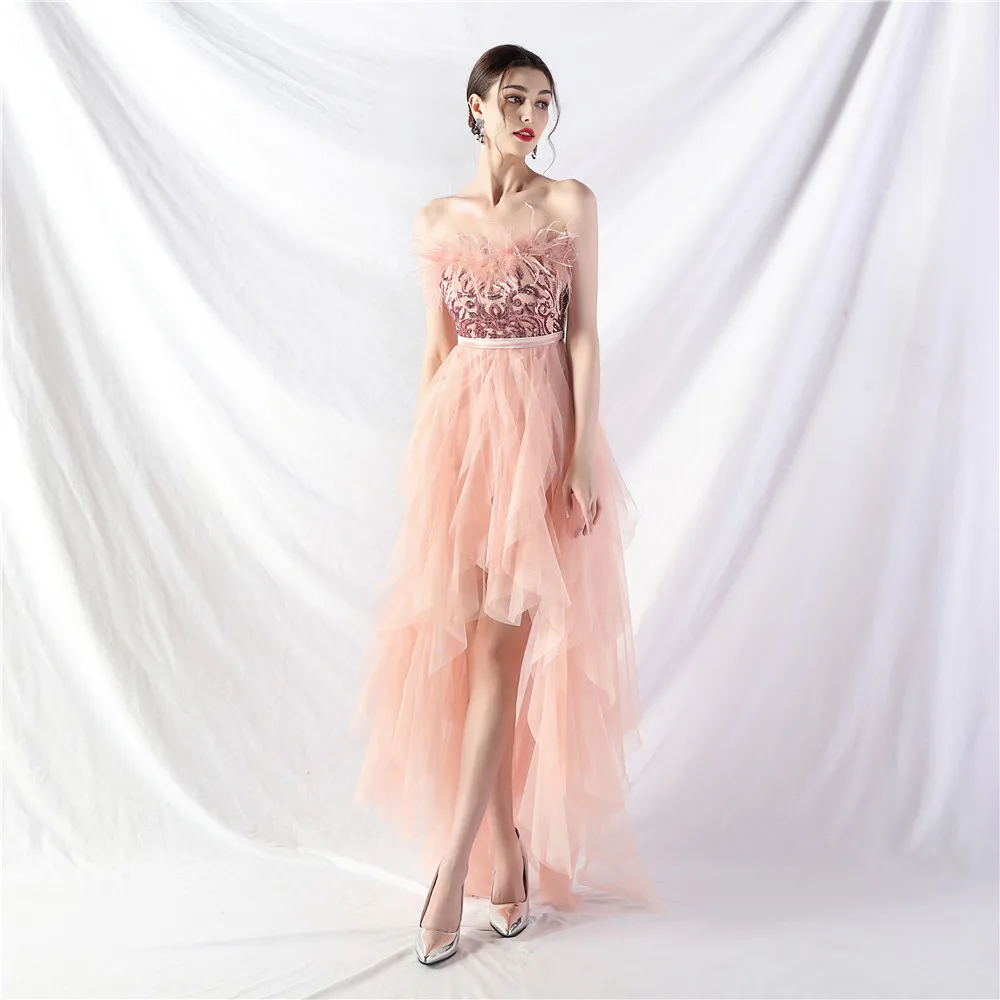 

Sladuo Women Elegant Sexy Strapless Feather Sequin Mini Dress Long Back Evening Party Wedding Banquet Club Dresses