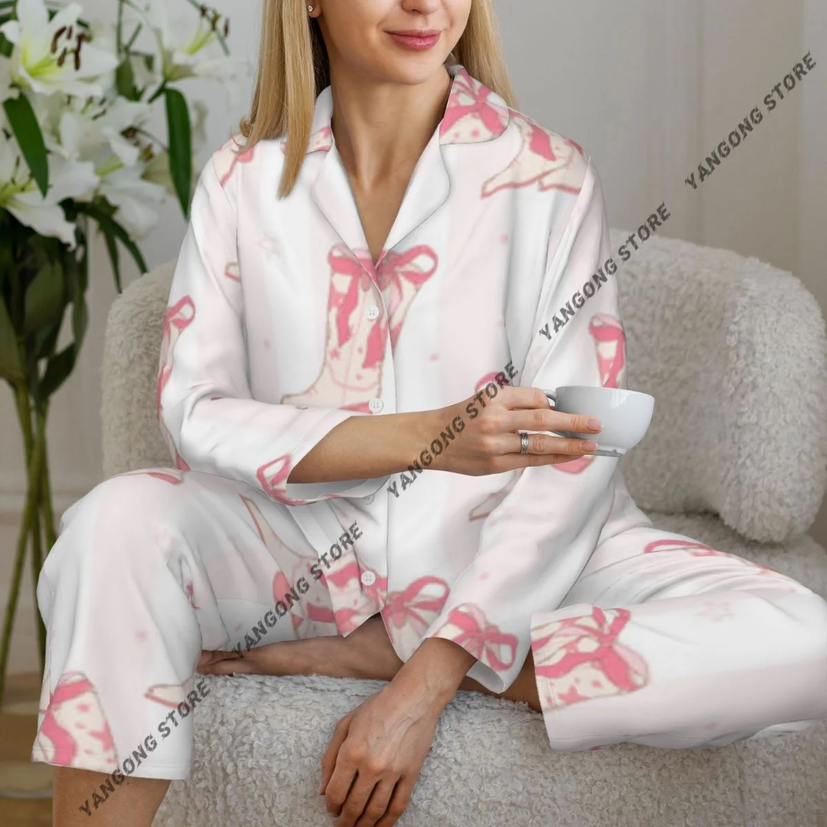 Spring and Autumn Pajama Set Women's Long Sleeve Pants Two Piece Coquette Cowgirl Boots Western Girl Pattern Home Furnishing Set