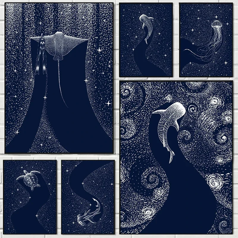 (2D Canvas painting) Nordic Cosmic Ocean Animals Poster Starry Jellyfish Turtle Whale Canvas Painting Wall Art Picture for Li