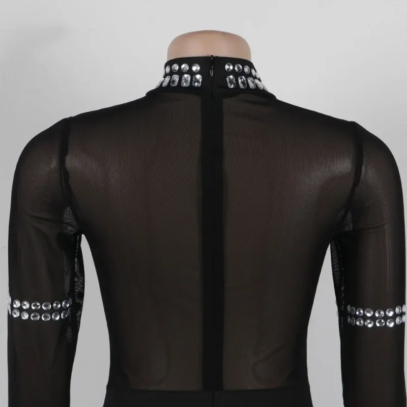 KEXU-Robe Sirène Fendue sur le Côté pour Femme, Manches sulf, Maille Strass, Maxi, Diamants, Robes de Soirée Sexy, Robe Éducative