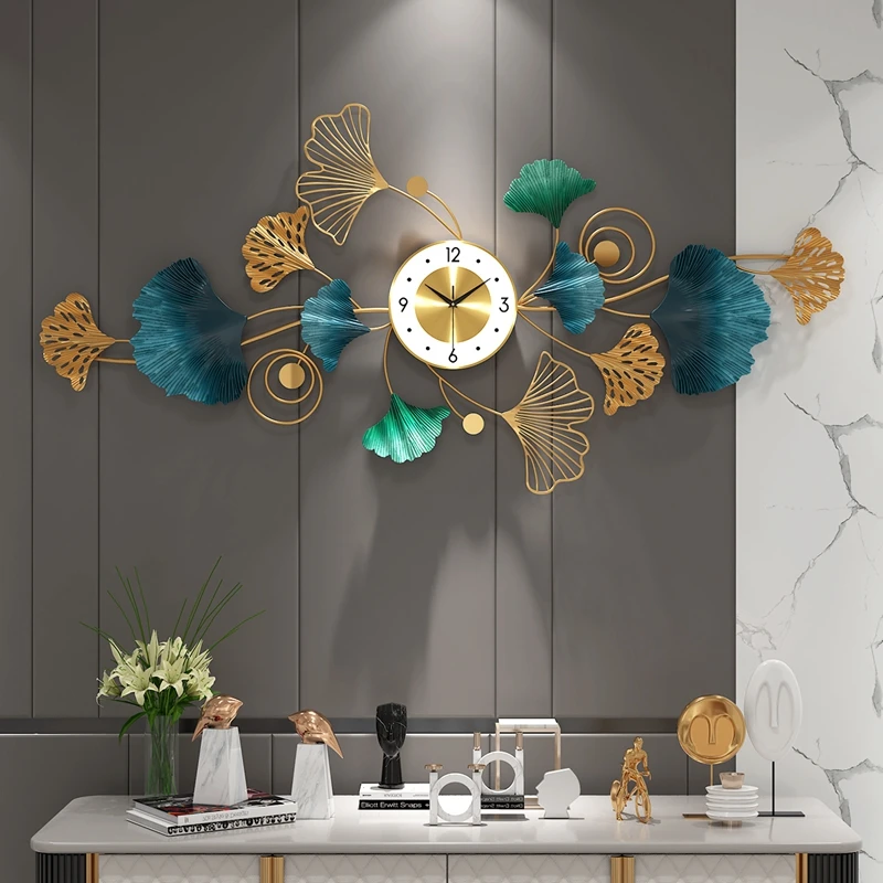 Minimalist modern background wall, living room, creative foyer decoration, wall watch, metal ginkgo clock