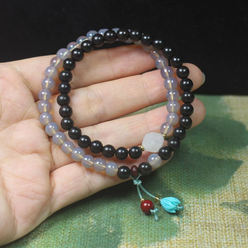 Ebony 6mm double-loop Buddhist bead bracelet, sandalwood personalized hand bracelet with flower pendant, cultural and religious