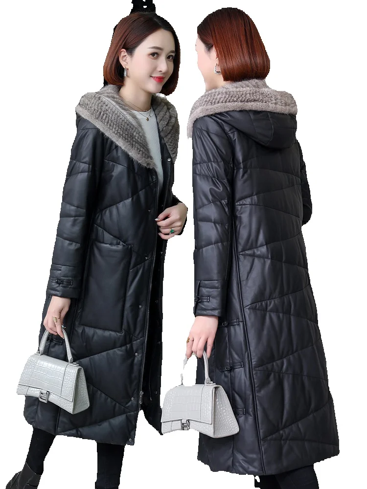 

New Genuine Leather Down Women's Mink Fur Grass Coat Sheepskin Long