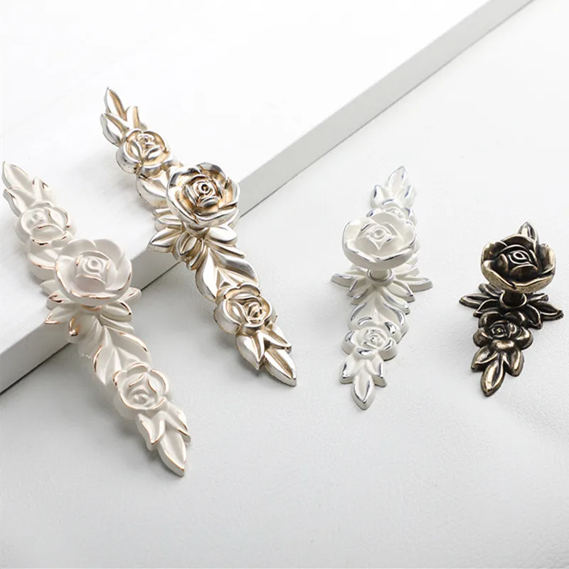 Ivory White Rose Flower Kitchen Cabinet Handles Zinc Alloy Drawer Knobs Wardrobe Cupboard Door Pulls Furniture Hardware