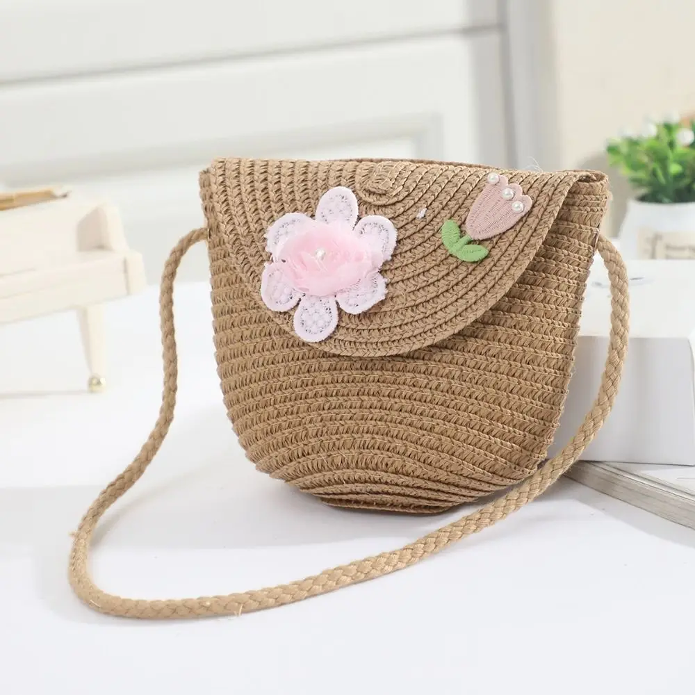 Cute Straw Flap Shoulder Bag Solid Color Handmade Woven Kid Crossbody Bags Photo Props Mini Travel Coin Purse