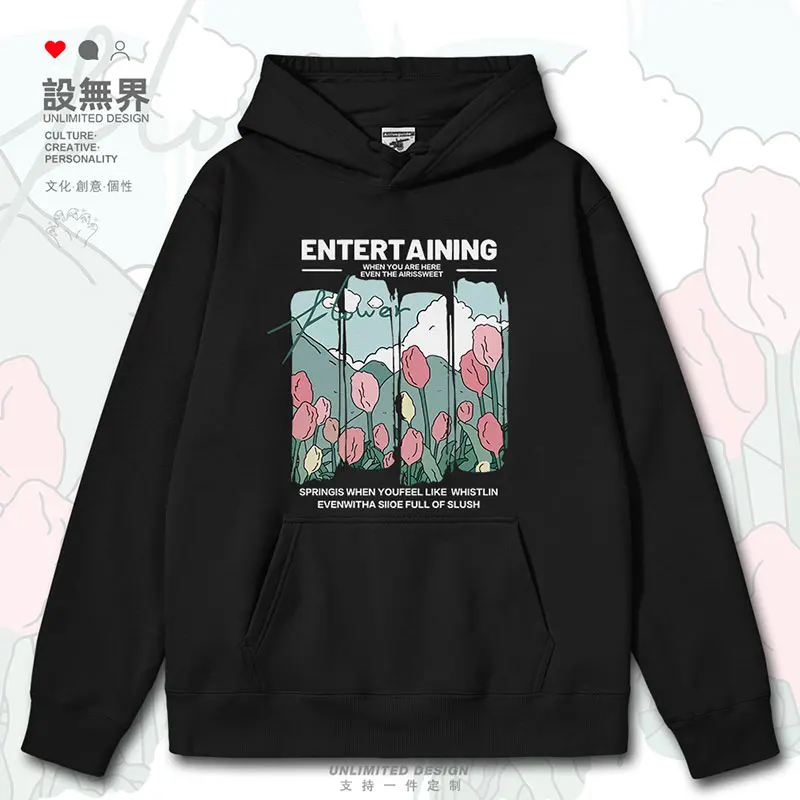 

Hong Kong style chic tulip flower mountain oil painting style niche mens hoodies crewneck sweatshirt men autumn winter clothes