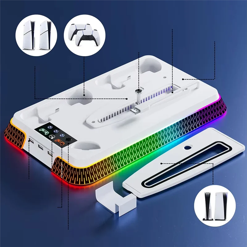 

A13E-Vertical Stand Cooling Station Colorful For PS5/PS5 Slim/PS5 PRO Multi Functional Efficient Charger Accessories