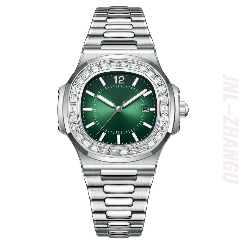 

Luxury Superior Quality Quartz Man Clock Stainless Steel Waterproof Luminous Fashion Square Diamond Inlay Watch for Men