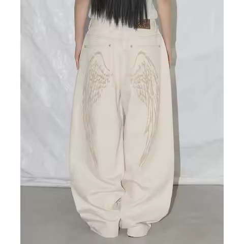 Korean Style Kawaii Little Wings Washed Baggy Women's High-Waisted Jeans Y2K Harajuku Hip Hop Goth Casual Joker Wide Trousers