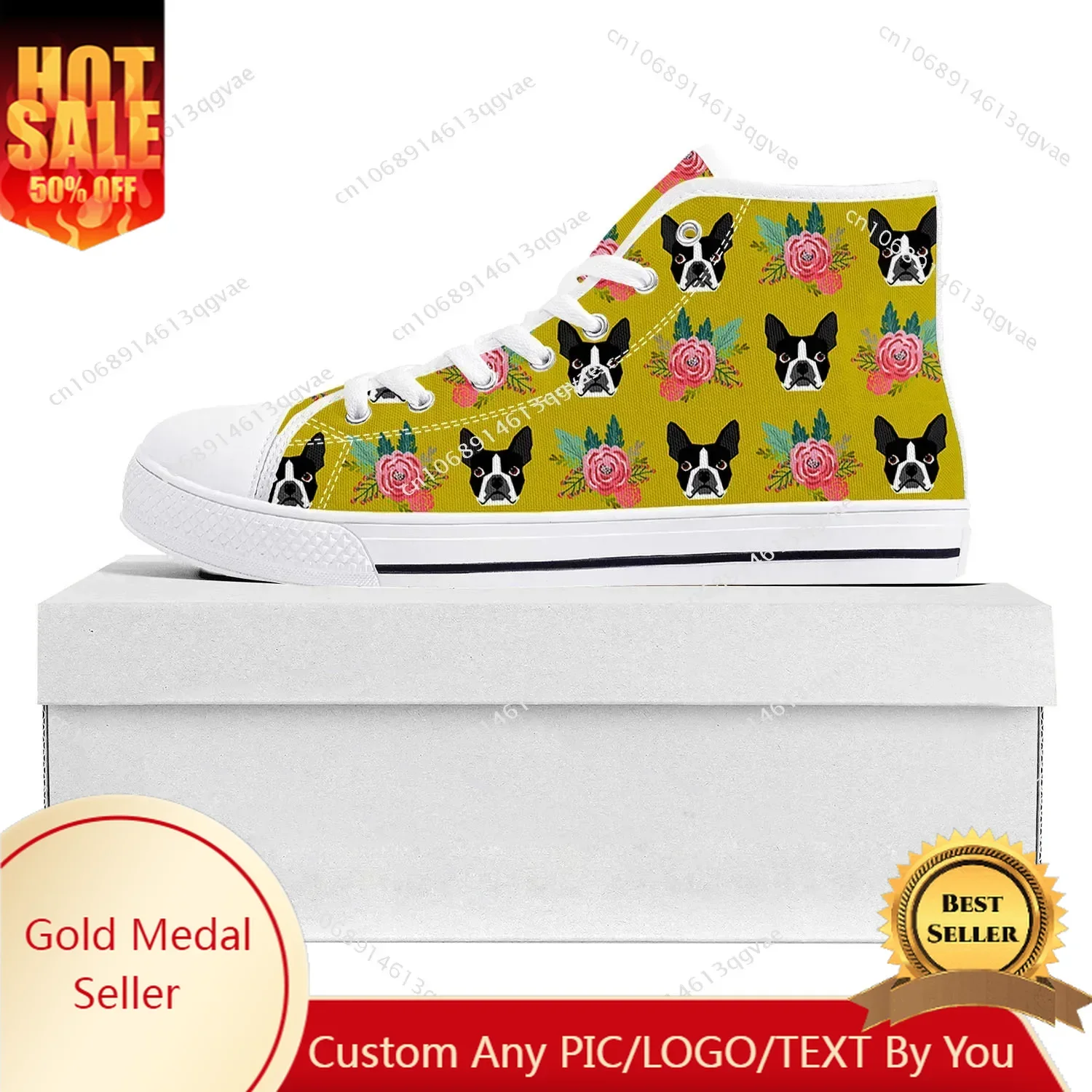 

Boston Terrier High Top High Quality Sneakers Mens Womens Teenager Canvas Sneaker Casual Couple Shoes Custom Made Shoe White