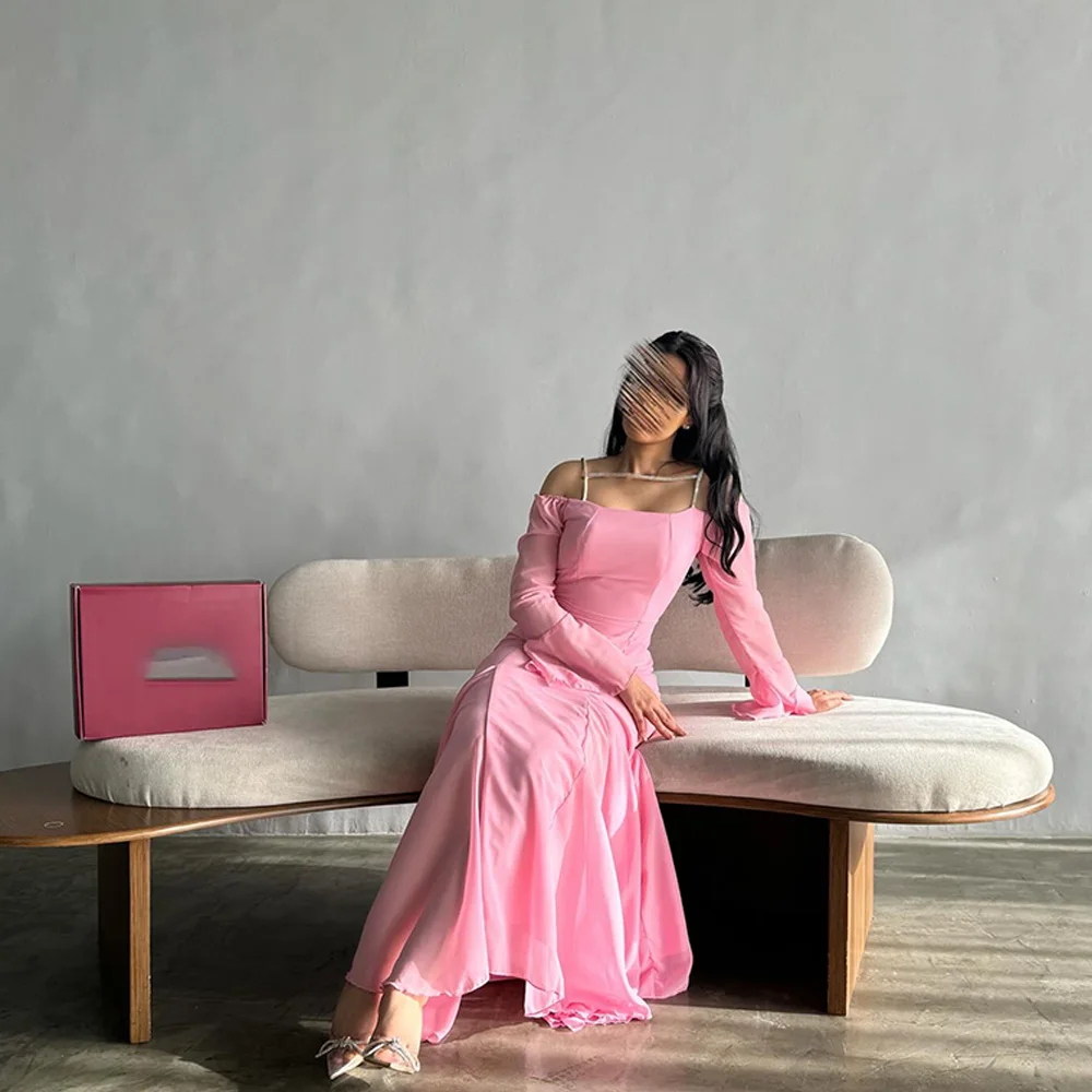 Mermaid Strapless Off the Shoulder Flare Long sleeves Chiffon Pink Classic and Fashion Evening Dresses Pleats Saudi Arabia 2024