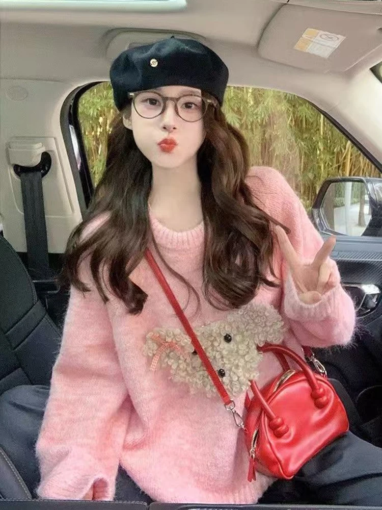 

Cute Cartoon Pink Sweater Women Sweet Long Sleeve Knitted Kawaii Jumper Vintage Japan O Neck Lady Casual Lazy Wind Tops New