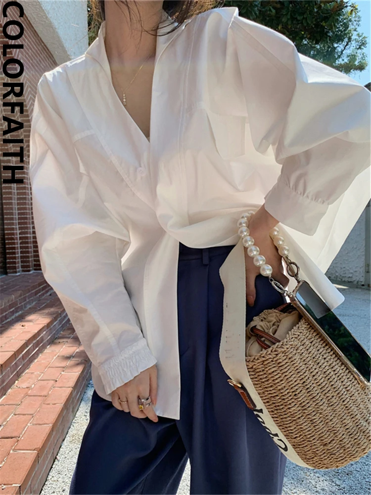 Colorfaith BL7704 New 2024 Shirts Vintage V-neck Oversized Fashion Elegant Lady Women Spring Summer Office Blouses Chic Tops