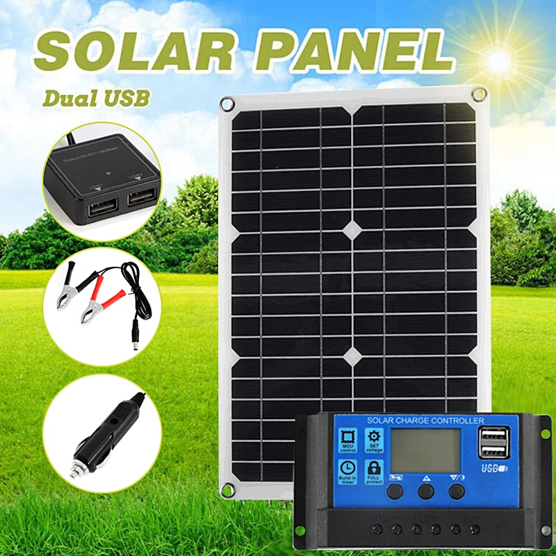 100W 18V Solar Panel Dual USB Solar Cell 30A Solar Charge Controller Power Bank for Mobile Phone MP3 Camping Hiking Outdoor