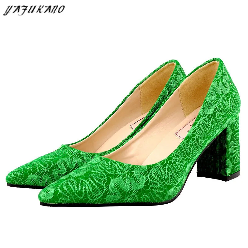 Green Bridal Wedding Shoe Thick With Pointed Toe Female High Heels Lace Suede Single Shoes Elegant Comfort Lady Pumps Size 33-42