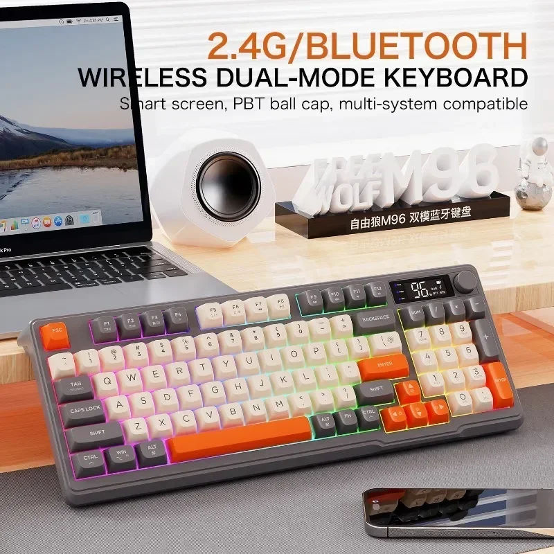 

Бесплатная Wolf M96 Беспроводная Bluetooth Двухрежимная механическая клавиатура Pbt Шариковая шляпа с дисплеем Игровая офисная водонепроницаемая клавиатура