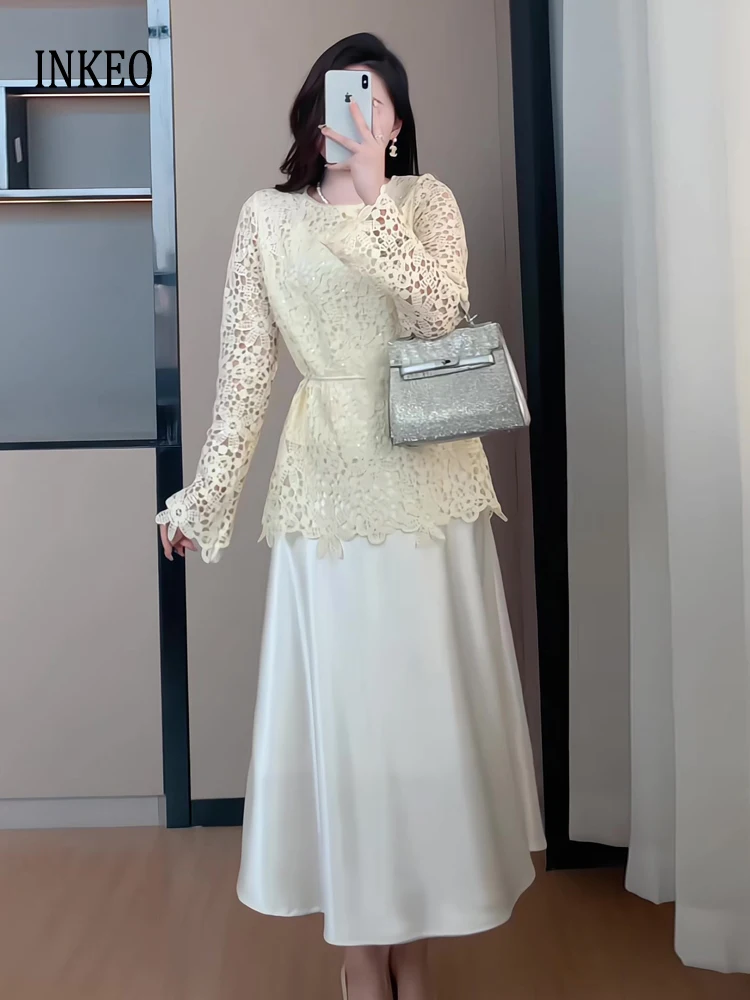 

Luxury 2 Piece set Women 2025 New Hollow out Knit tops Long sleeve t-shirt and High waist satin skirt Elegant 2025 INKEO 5T066