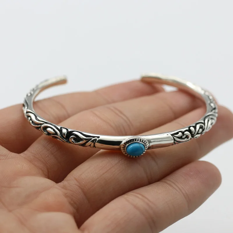 

Ethnic Vine Pattern Sterling Silver Fine Bracelet for Women with Open Mouth Fashion Personality Jewelry for Men Blue Pine Ancien