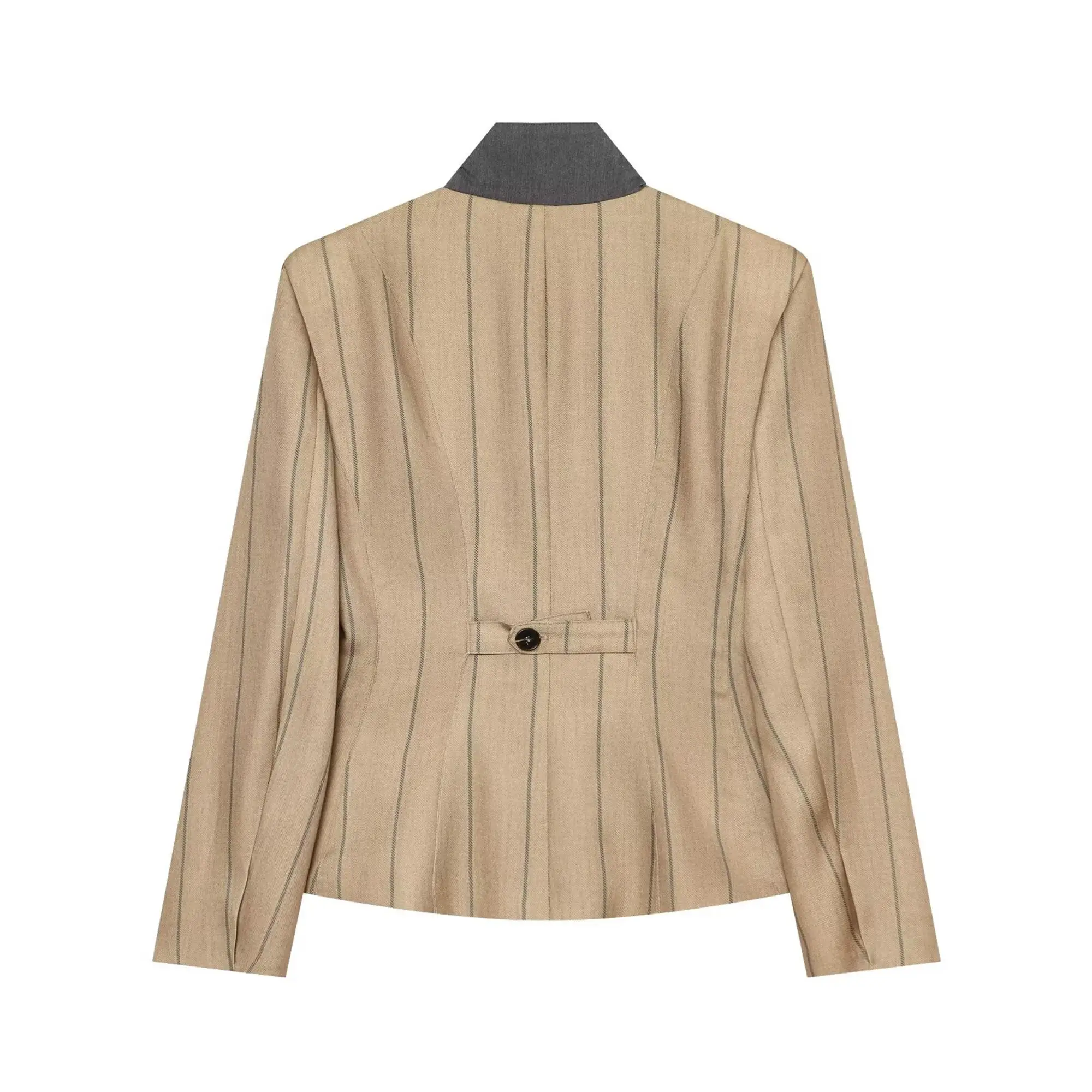 TFMLN Damen Blazer mit Streifenmuster und Stehkragen, schlank geschnitten, lässig, einreihig, Retro-Bürojacke, Oberbekleidung, modische Pendlerjacke – Detail 3