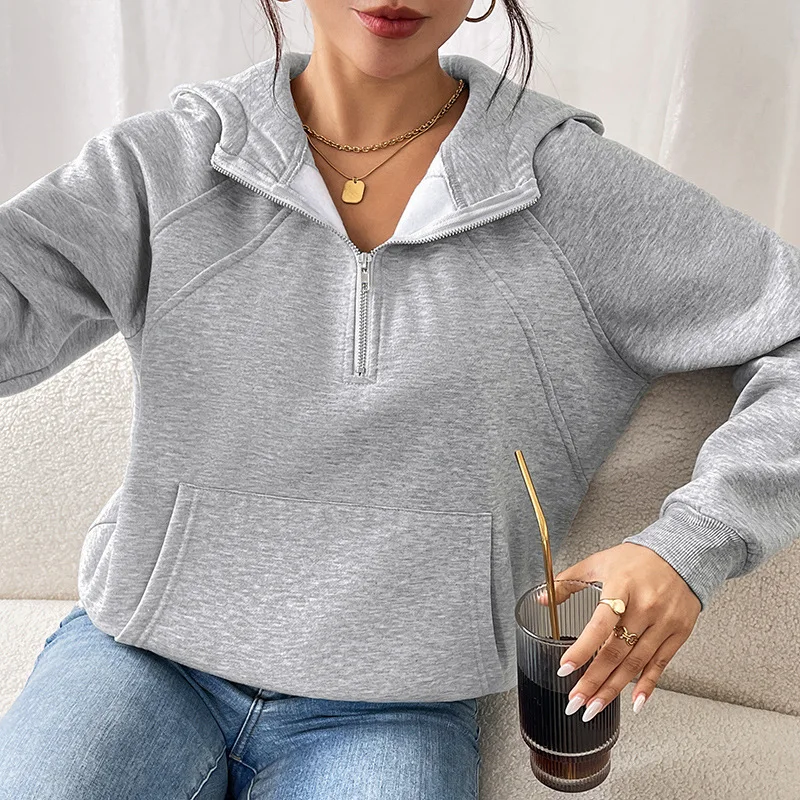 Velvet Thickened Long-Sleeved Hoodie Casual Pullover Sweatshirt Pure Color Autumn Winter Top for Women European American Style