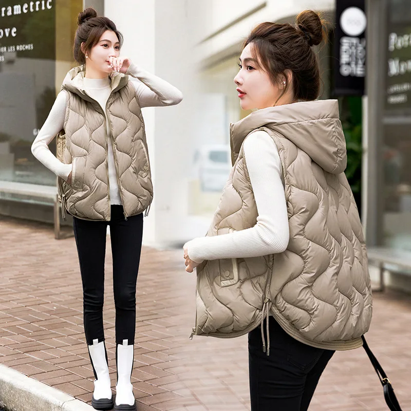 2024New Autumn Winter Warm Waistcoat Ladies Sleeveless Hooded Down Cotton Coat Women Outerwear Casual Puffer Vest Student Jacket