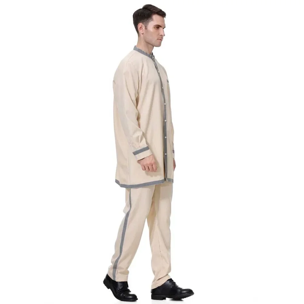 Ramadán hombres musulmanes Jubba Thobe conjunto de 2 piezas Arabia Saudita Djellaba Pakistán Kaftan Dubai Abaya Tops y pantalón servicio de adoración islámica