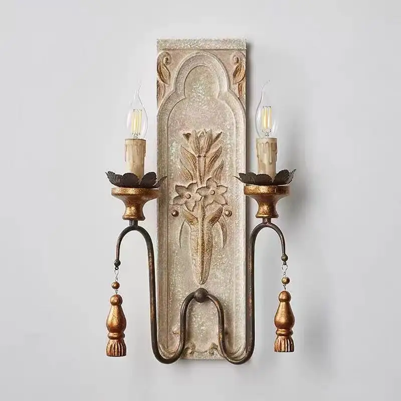 Rural French solid wood carving retro and old wall lamp