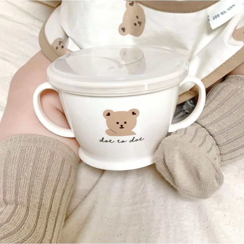 

Newborn Feeding Bowl Cartoon Bear Double Handle ABS Baby Practice Tableware Container Leak-proof Baby Snack Cup Food Storage Box