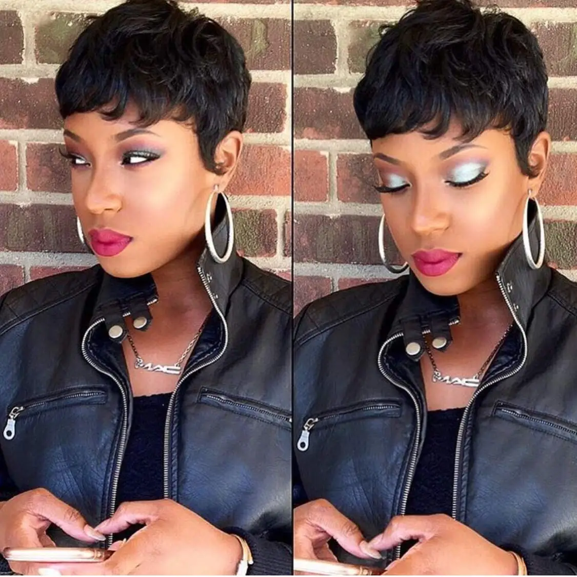 앞머리가 있는 짧은 레이어드 웨이브 곱슬 가발, 흑인 여성용 전체 기계식 픽시컷 인모 가발