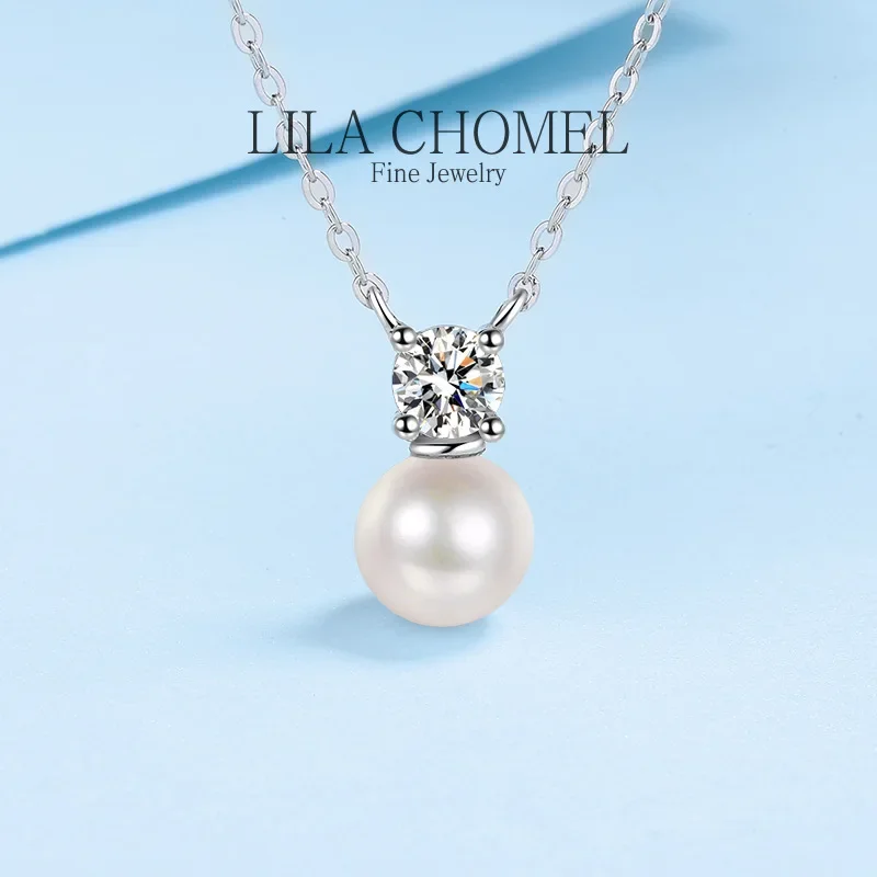 

Classic White Gold 18K Luxury 0.5 Carat Real Moissanite Diamond Necklace for Women Wedding 8mm Pearl Pendant Natural Freshwater