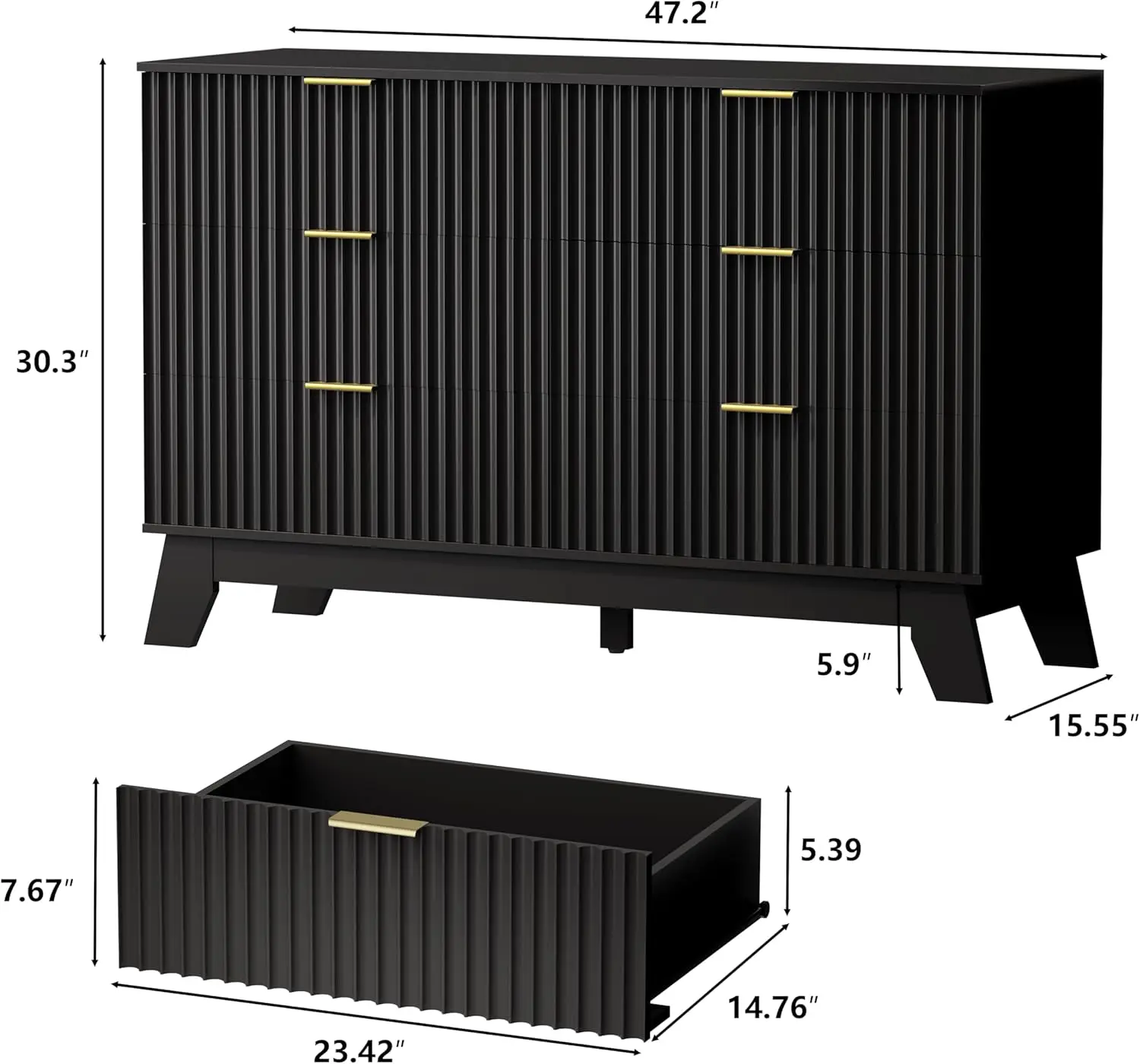 Cómoda de 6 cajones para dormitorio, cómoda estriada negra con mango dorado, madera moderna de mediados de siglo