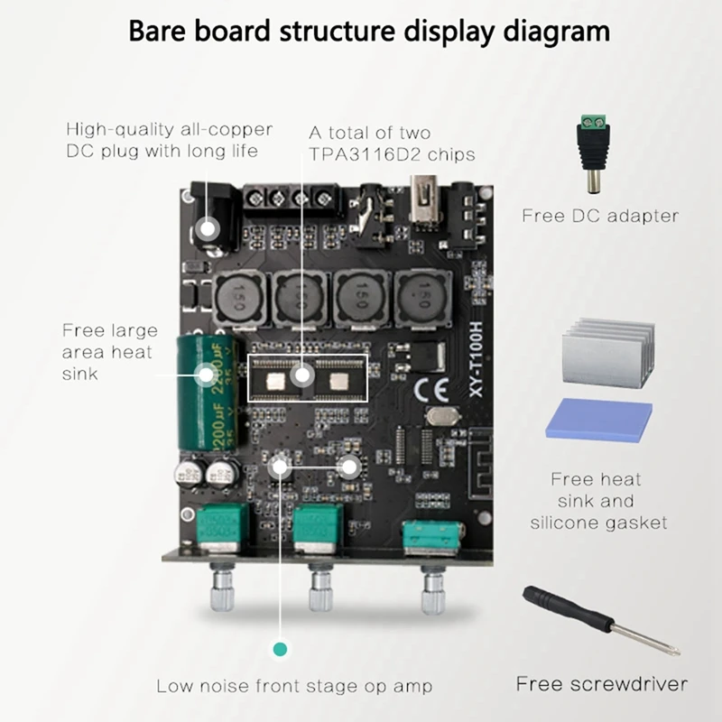 Módulo Bluetooth 5,0 TPA3116D2, ajuste de graves altos, placa amplificadora Digital estéreo, módulo amplificador 100Wx2 XY-T100H