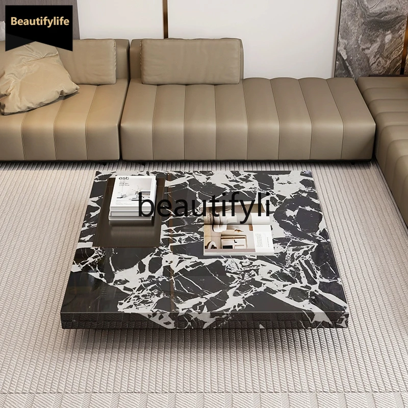 

Natural Luxury Stone Black Coffee Table Living Room Italian Minimalist Box Floating Coffee Table