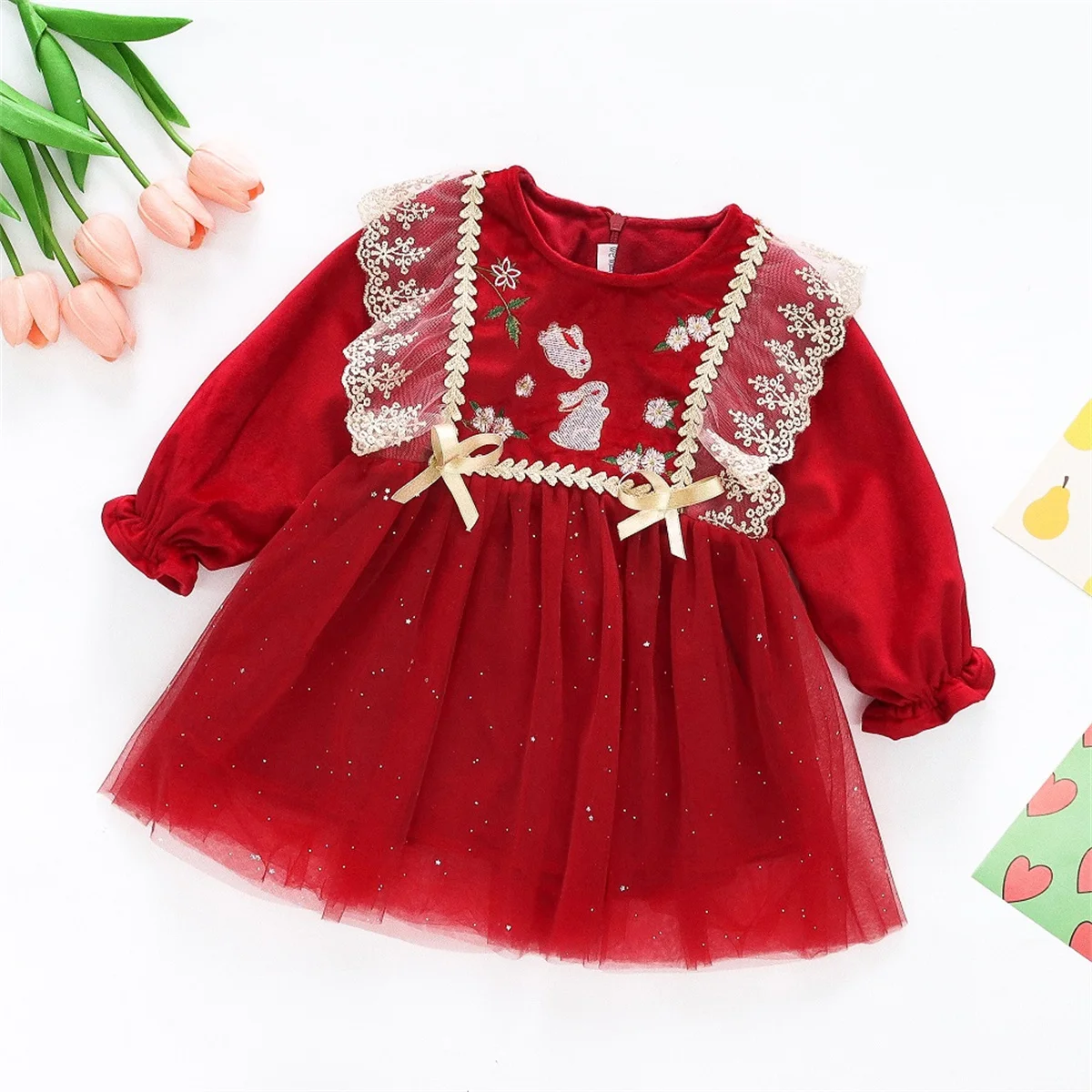 Autumn Girls' Birthday Party Dress Sweet Flower Rabbit Embroidery Lace Bow Long Sleeve Velvet Mesh Red Dress