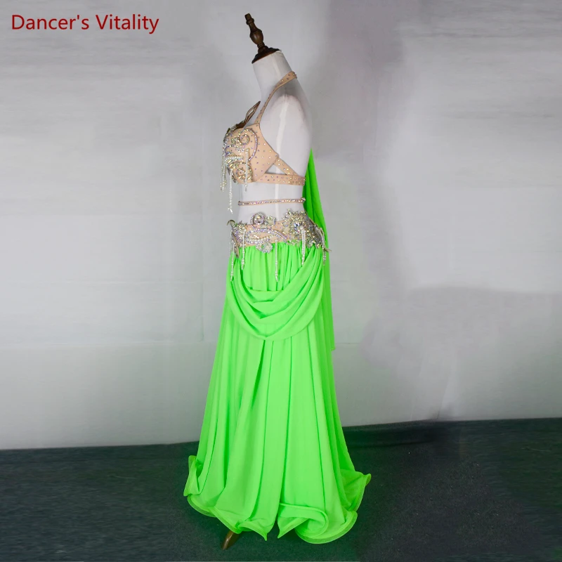 Belly Dance Suit Diamond Bra Belt Chiffon Big Swing Skirt Performance Set High-End Custom Adult Child Competition Clothing