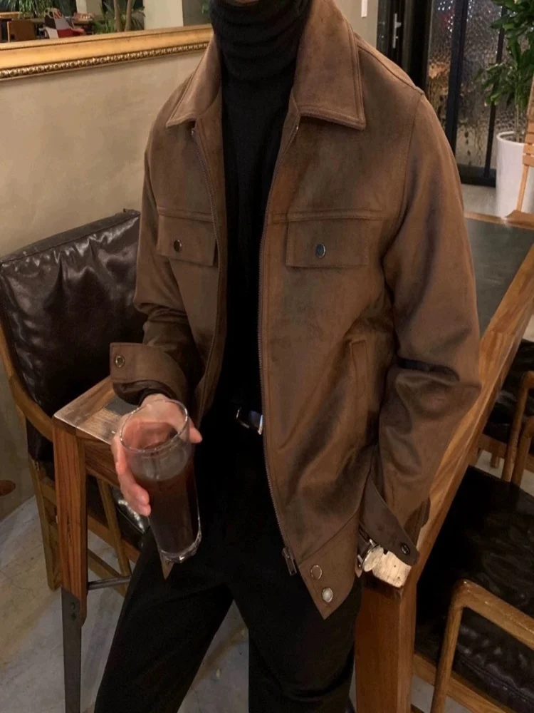 Men's lapel Pu jacket jacket, suede spring and autumn street clothing, men's personality simple punk style brown fashion