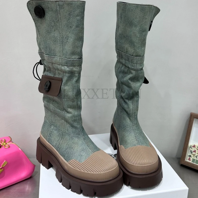 Mid Calf Denim Boots Women 2023 Autumn Retro Chunky Platform Long Boots Woman Slip on Thick Heels Cargo Boots Pocket Decor