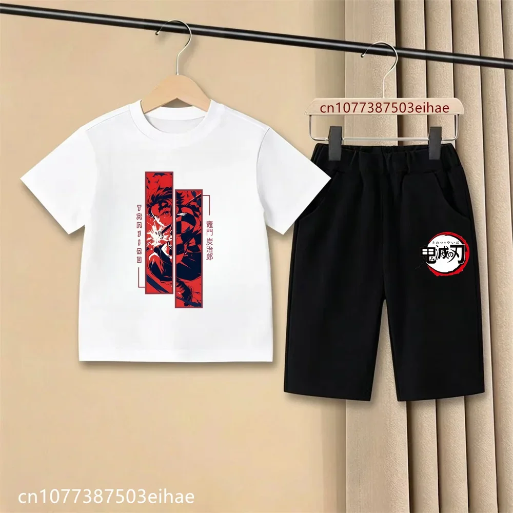 Kids Demon Slayer Anime T-Shirt And Shorts Set Ghost Blade Pattern Summer Casual Two-Piece Costume for Boys And Girls