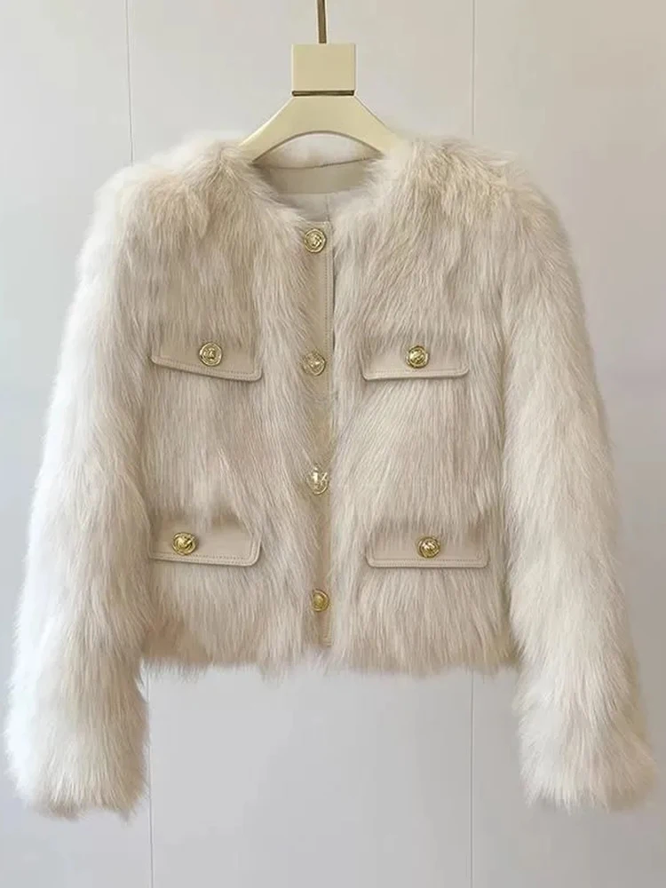 

Sweet Slim Warm Faux Fur Coat Women Fashion O Neck Long Sleeve Korean Jacket Winter Casual Elegant Female All Match Outwear Tops