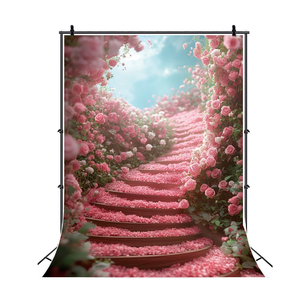 Pink Flower Stairs Backdrop for Photography Birthday Party Wedding Bride Portrait Art Maternity Dresses Photoshoot Background