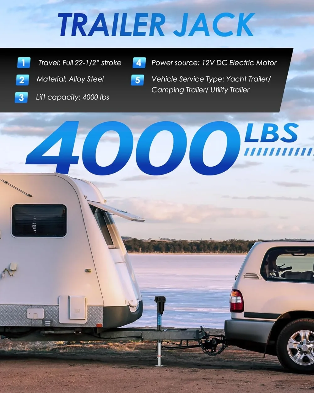 

Электрический домкрат для прицепа 4000 фунтов, язычковый домкрат постоянного тока 12 В для прицепа для кемпера, лодки, подъемник 9-27 дюймов