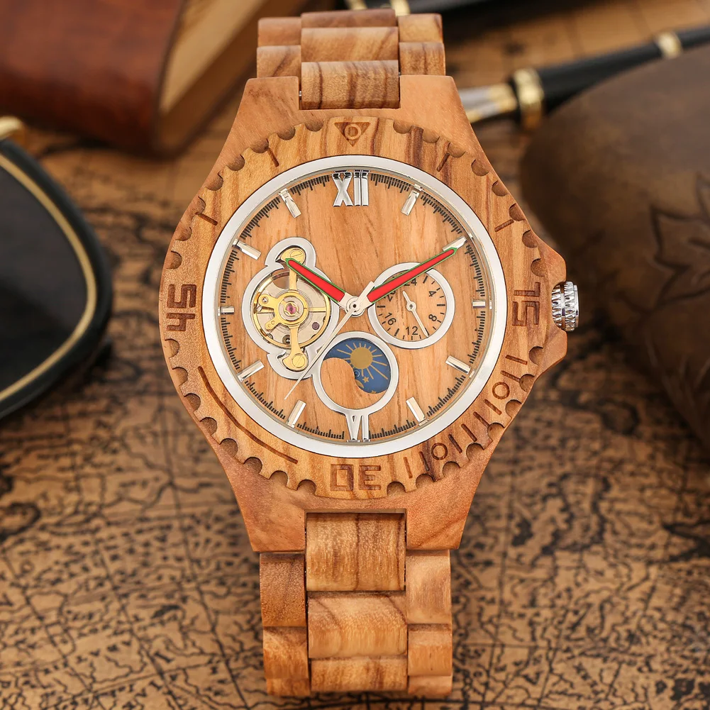 

Moon Phase Automatic Mechanical Wood Watch Walnut/Zebra/Olive Wood Wooden Watch Band Casual Retro Style Wristwatch for Men