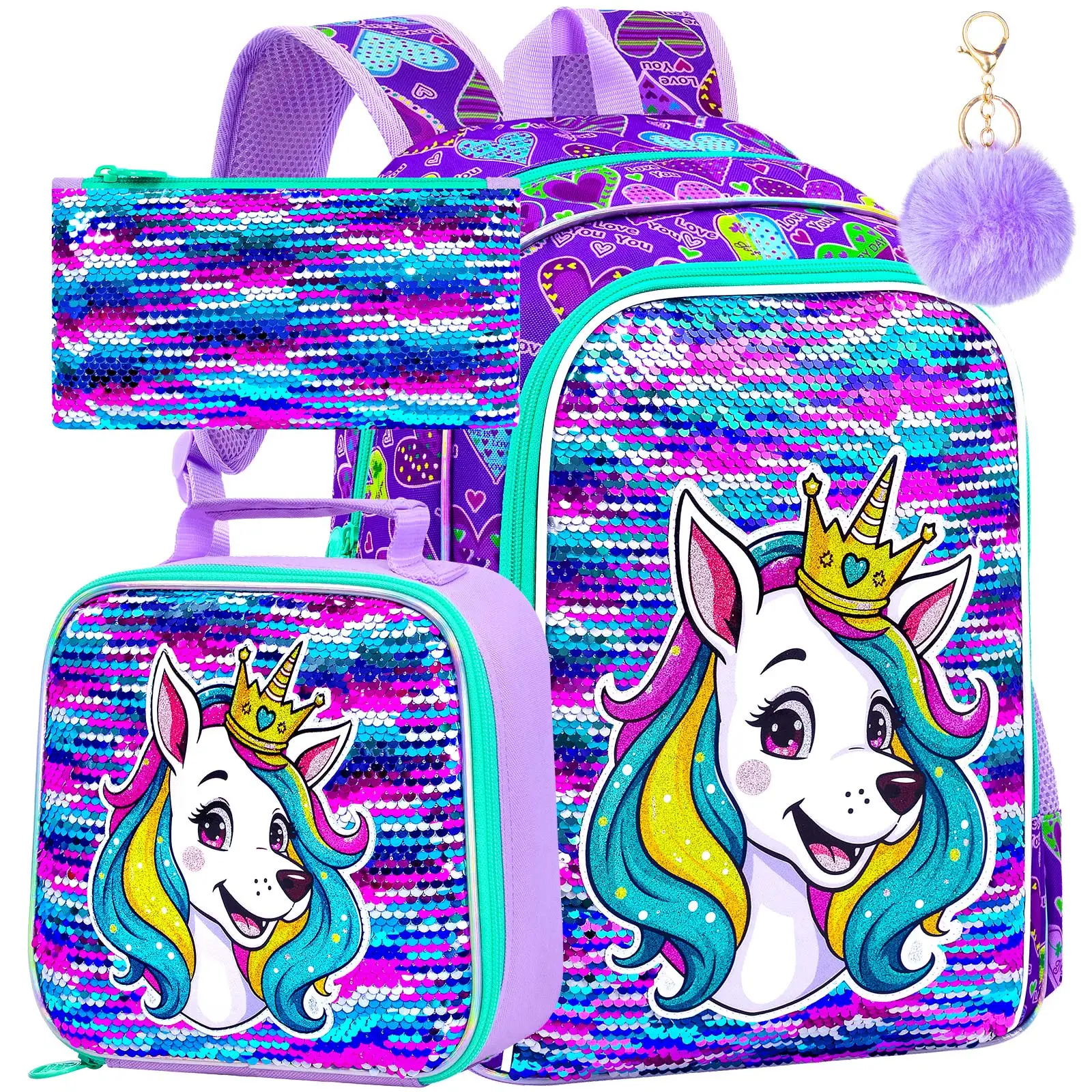 

3Pcs Sequin Dog Backpack Set Girls Sparkle School Bag Lunch Box Pencil Case Kids Travel Daypack