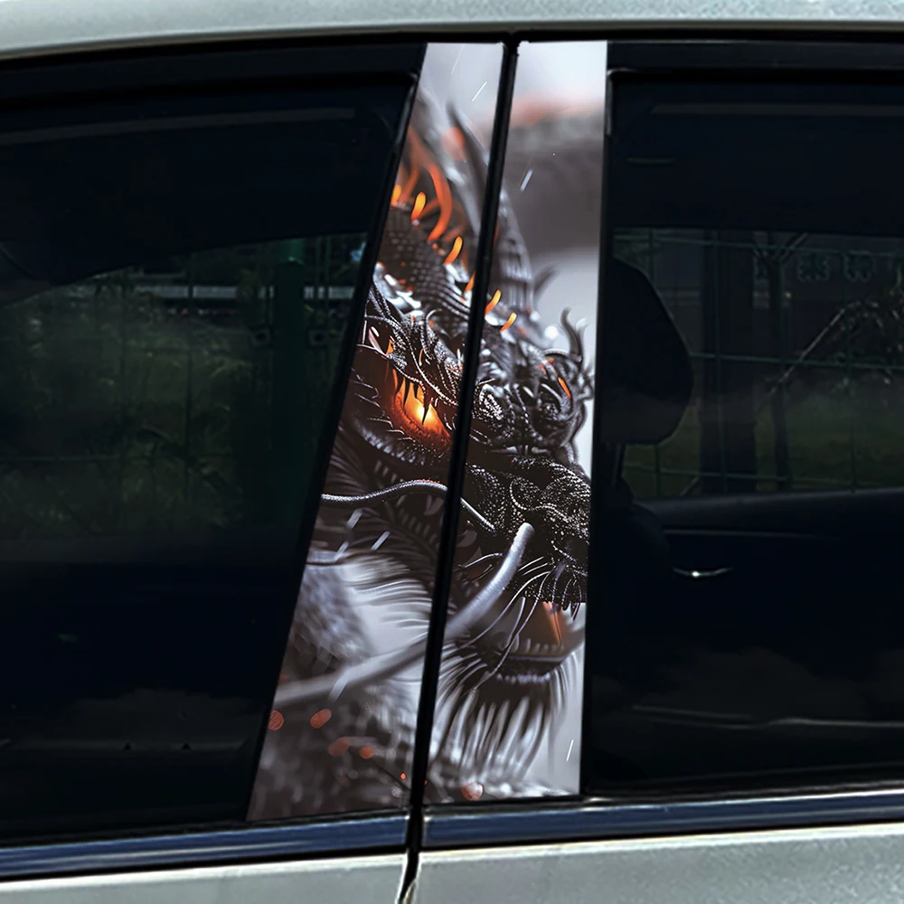 

2Pcs Black Fire Dragon Car B-Pillar Stickers, 3D Waterproof Vinyl Decals, Anti-Scratch Car Door Post Protector Decor