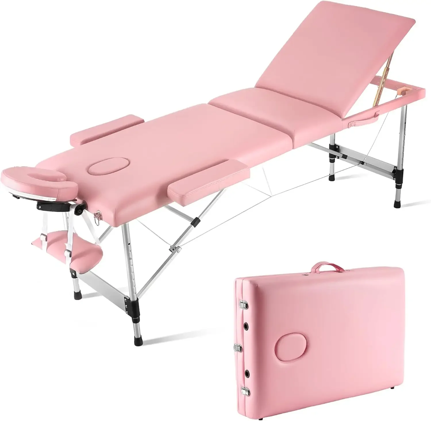 

Portable Massage Table Upgraded 2" Thick Sponge, Height Adjustable Aluminum Massage Bed with Headrest, Armrests and Carry Bag